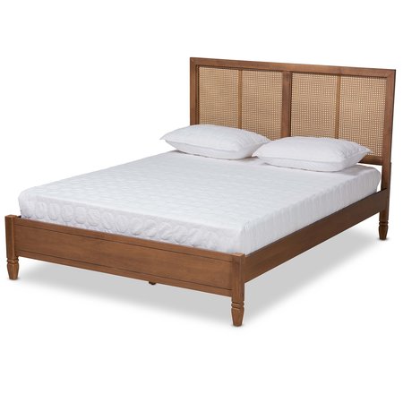 BAXTON STUDIO Redmond Mid-Century Modern Walnut Brown Finished Wood and Synthetic Rattan Queen Size Platform Bed 183-11058-Zoro